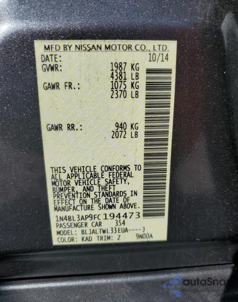 2015 Nissan Altima 3.5S из США, поврежденный, VIN 1N4BL3AP9FC194473